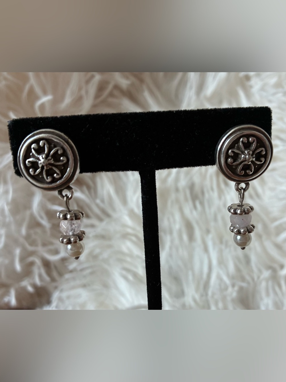 Brighton Silver Tone Scroll Dangle Earrings with Rose Quartz Beads Pierced